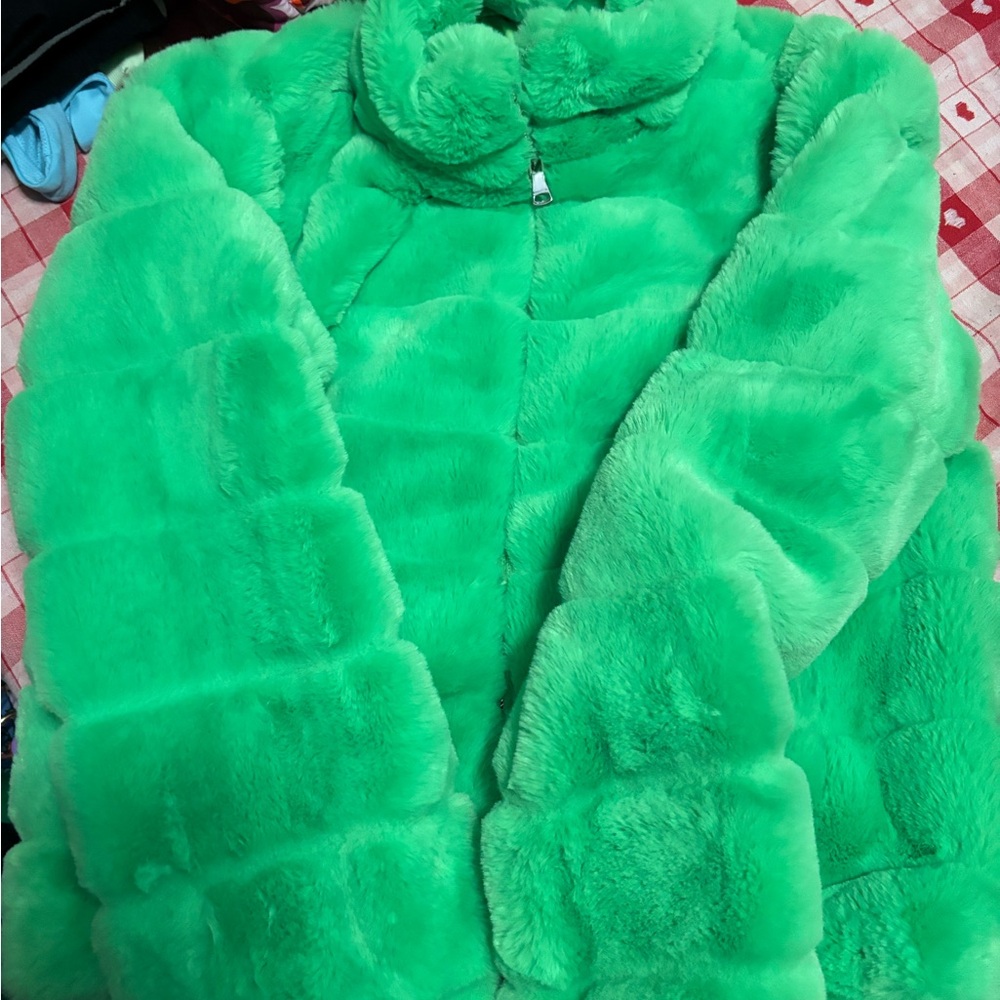 Tractr Bright Green Faux Fur Jacket